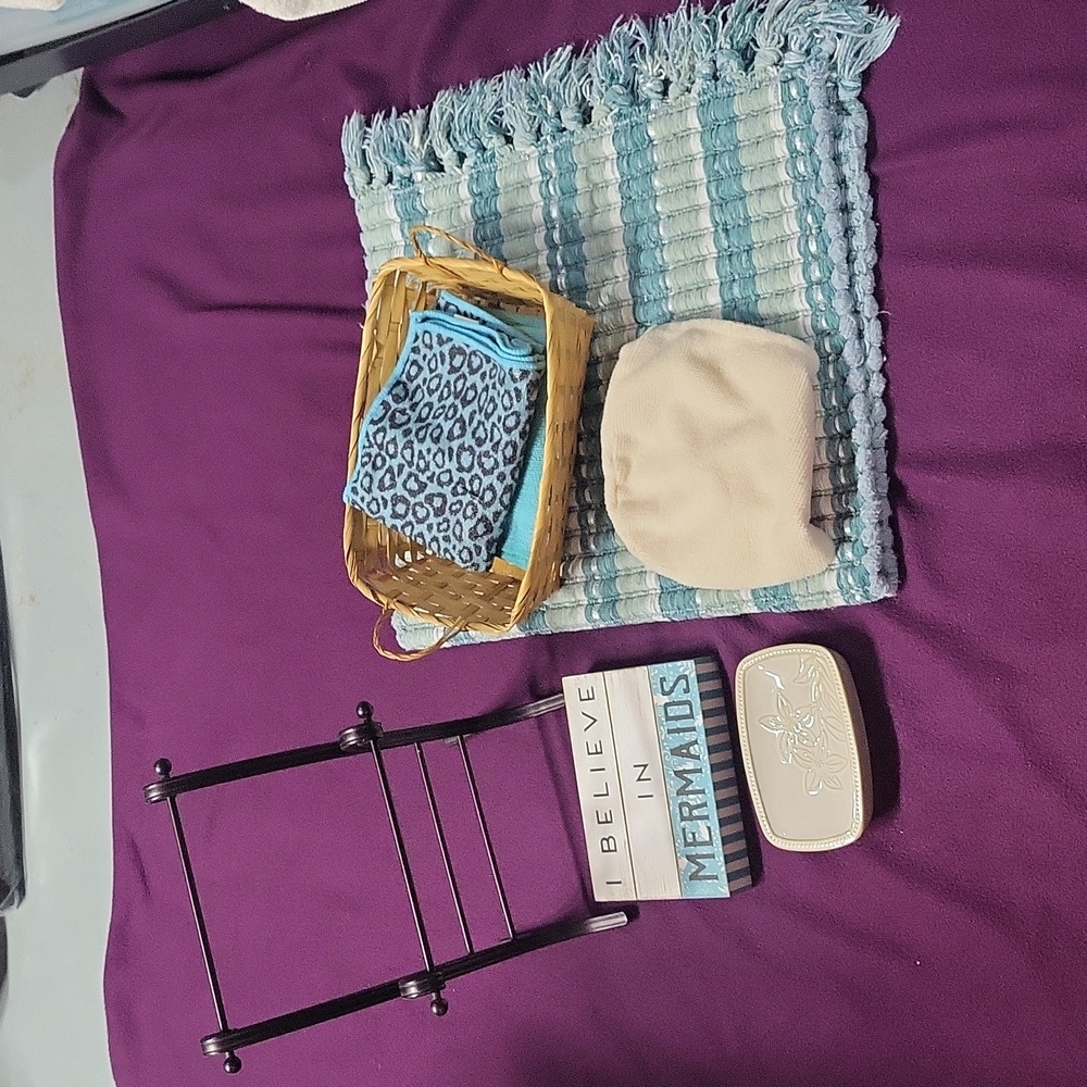 8 pc teal turquoise bathroom accessories soap dish decor hand towels towel rack